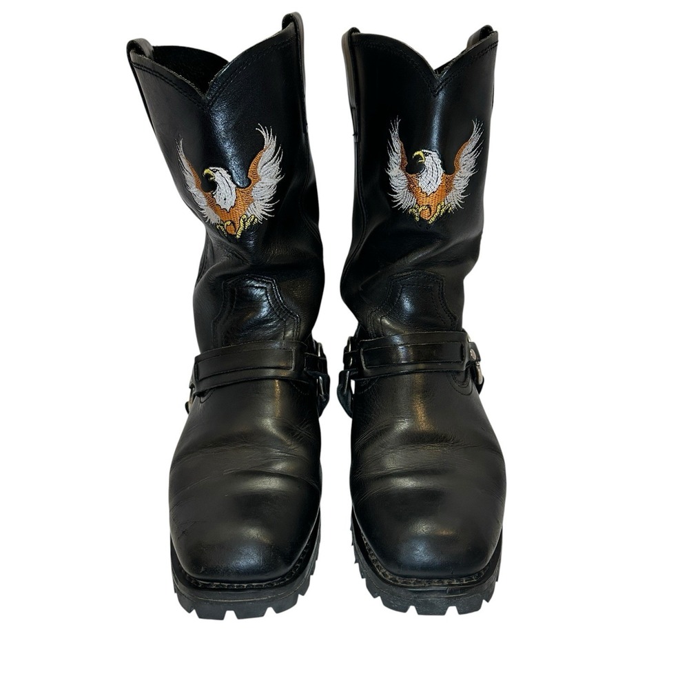 Xelement Men's 10 M Black Leather Eagle Harness Motorcycle Boots Vibram Sole